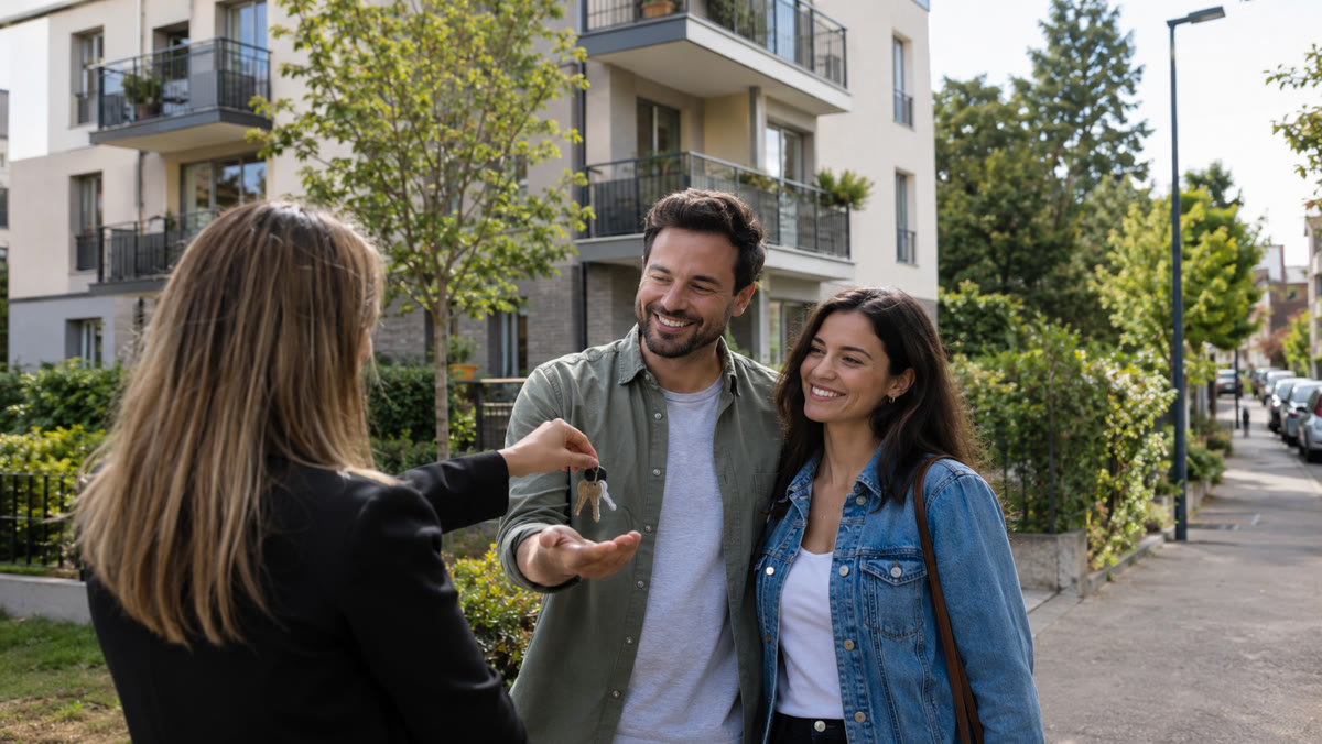 Remise des clés à un jeune couple devant sa nouvelle résidence